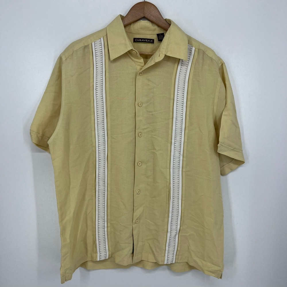 Cubavera Mens Large Yellow Linen Blend Short Sleeve Guayabera Button Down Shirt